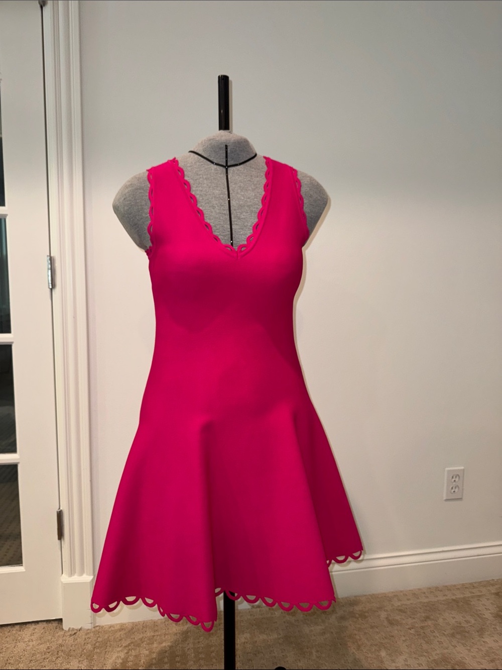 Milly Knit Hot Pink Scalloped V-Neck Mini Dress